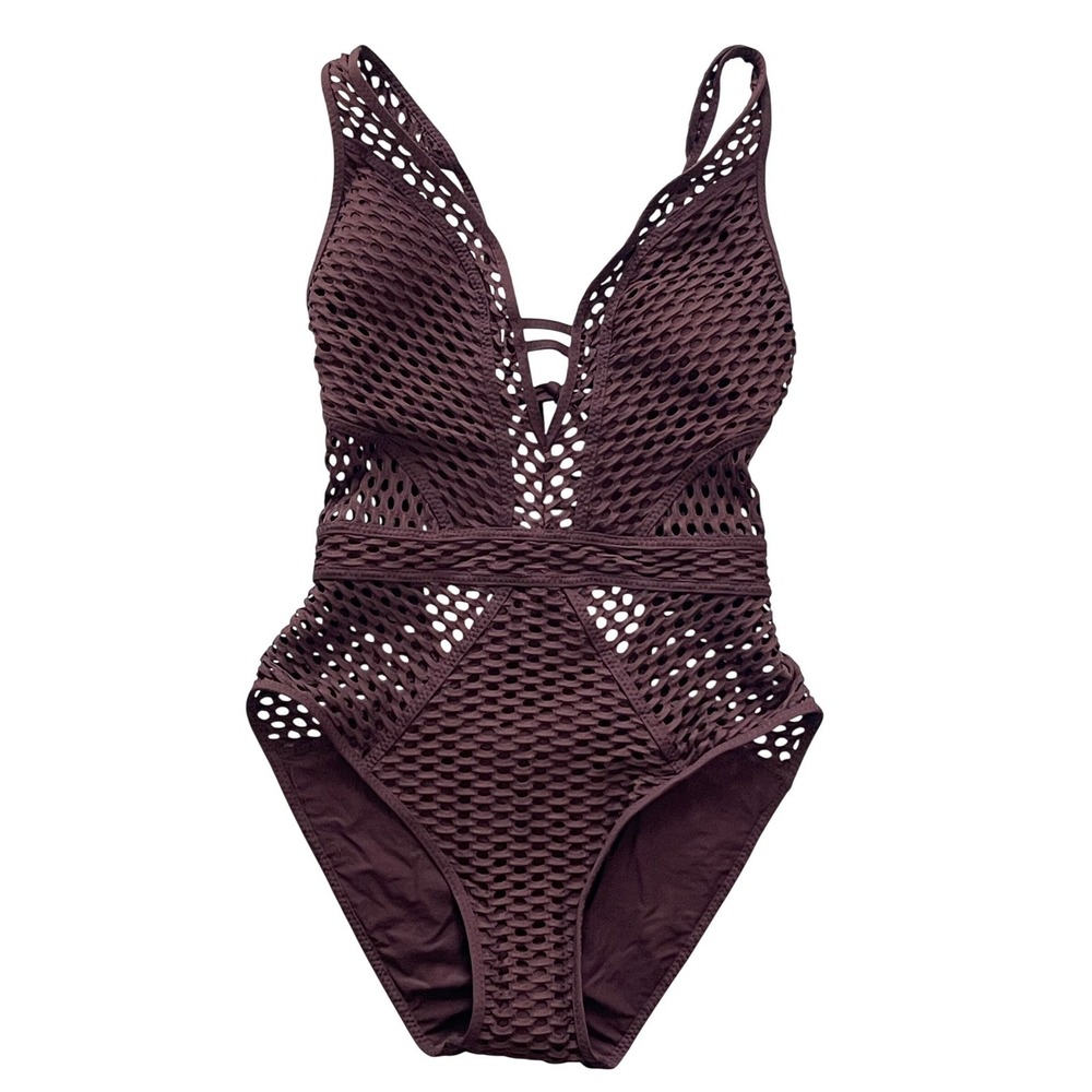 BECCA NWOT‎ Mocha Castaway Fishnet One-Piece Swimsuit Women's Size Medium